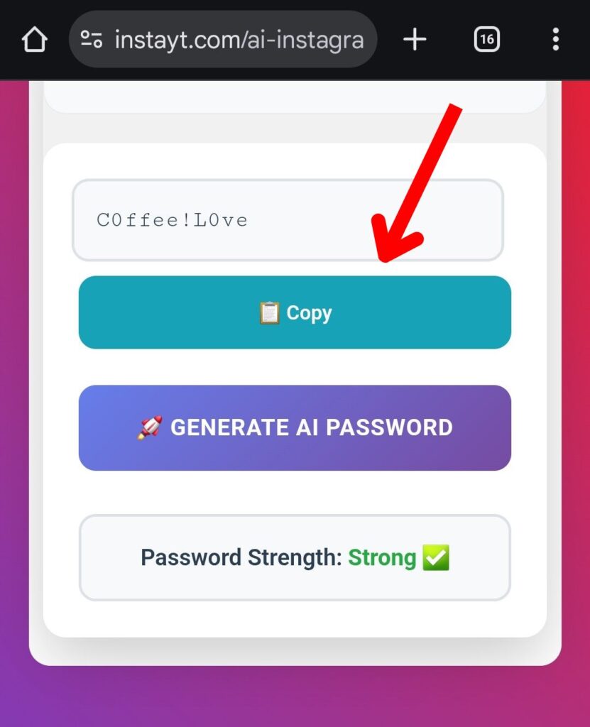 Copy AI generated Instagram password with InstaYT