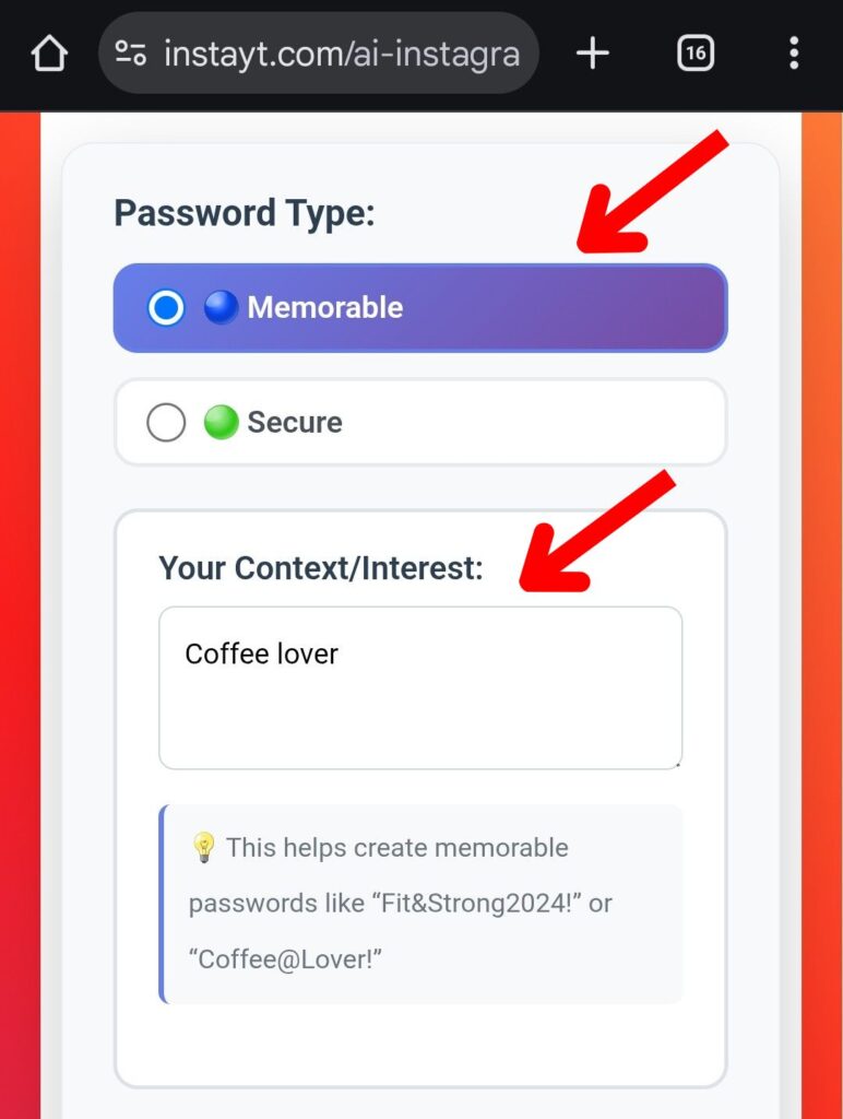 InstaYT Password Instagram type generator
